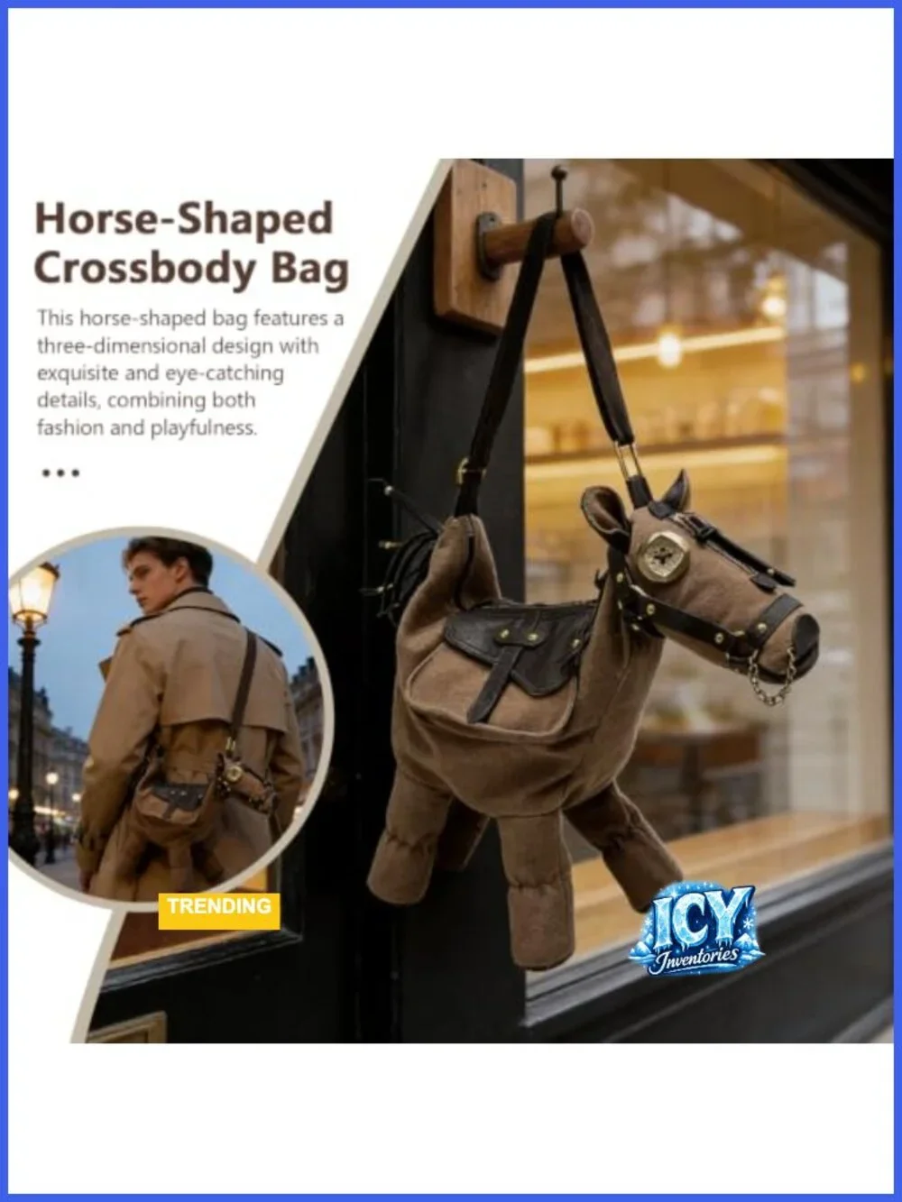 Novelty Horse-Shaped Crossbody Bag with Adjustable Strap, Canvas